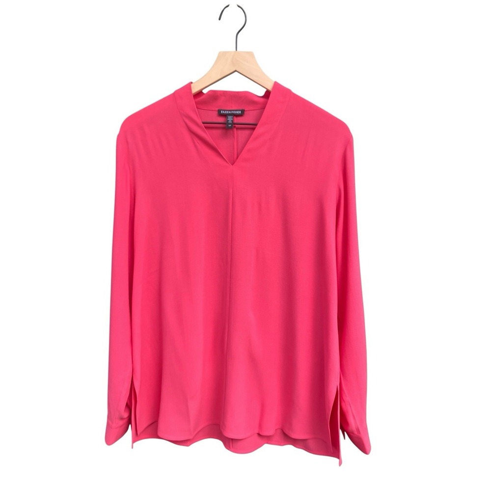 Eileen Fisher 100% Silk V-Neck Blouse Pink Long Sleeve Size S Slit Hem